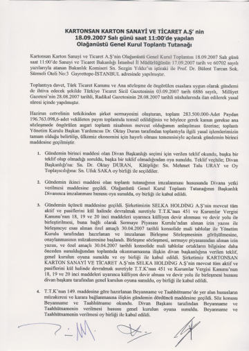 18/09/2007 Tarihli Olağanüstü Genel Kurul Toplantı Tutanağı