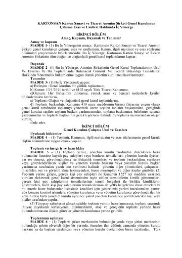Kartonsan Genel Kurul Çalışma Esasları İç Yönerge