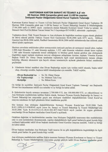 28/06/2006 Tarihli İmtiyazlı Paylar Olağanüstü Genel Kurul Toplantı Tutanağı