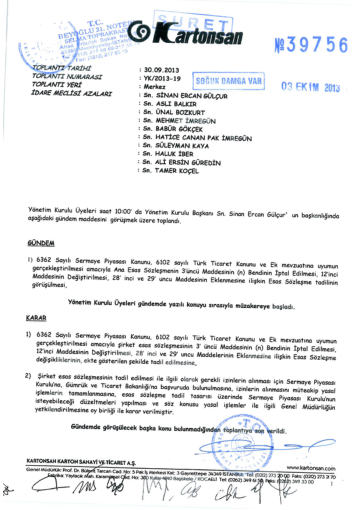 Olağanüstü Genel Kurul Yapılanmasına İlişkin Yönetim Kurulu Kararı