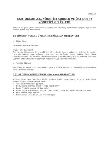 Yönetim Kurulu Üyeleri ve Üst Düzey Yöneticiler Ücret Politikası 2014