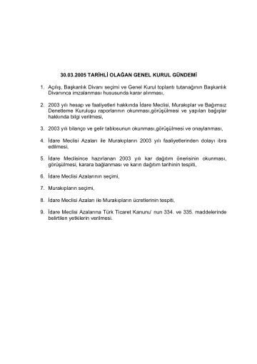 30/03/2004 Tarihli Olağan Genel Kurul Gündemi ve Kâr Dağıtım Önerisi