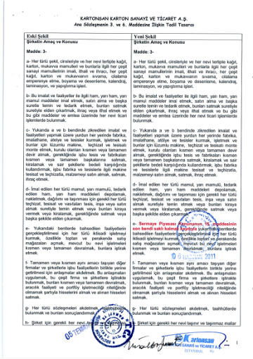 30/09/2011 Tarihli Olağanüstü Genel Kurul Ana Sözleşme Tadil Tasarısı