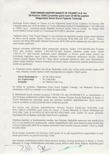 28/06/2006 Tarihli Olağanüstü Genel Kurul Toplantı Tutanağı