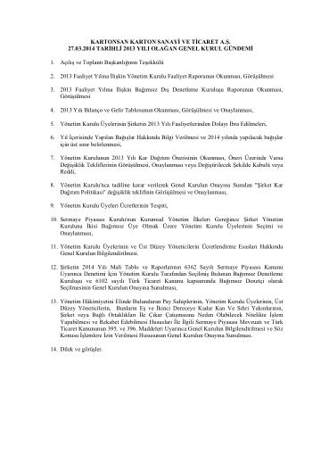 27/03/2014 Tarihli Olağan Genel Kurul Gündemi