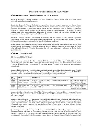 Kurumsal Yönetim İlkelerine Uyum Raporu 2016