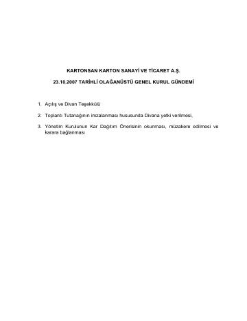 23/10/2007 Tarihli Olağanüstü Genel Kurul Gündemi ve Kâr Dağıtım Önerisi