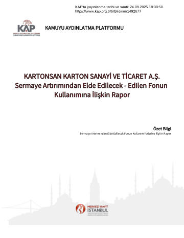Bedelli Sermaye Artışına İlişkin Fon Kullanım Raporu 24/09/2025