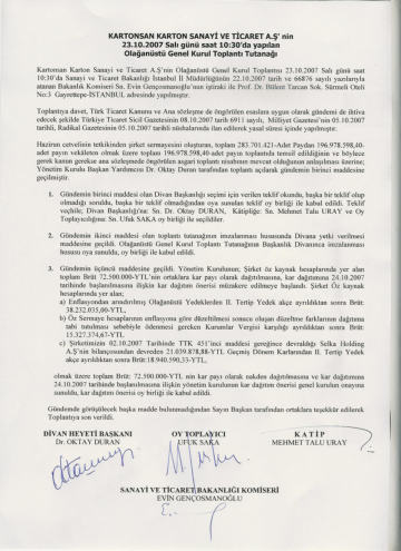 23.10.2007 Olağanüstü Genel Kurul Toplantı Tutanağı