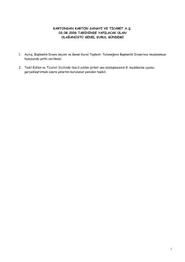 03/08/2006 Tarihli Olağanüstü Genel Kurul Gündemi