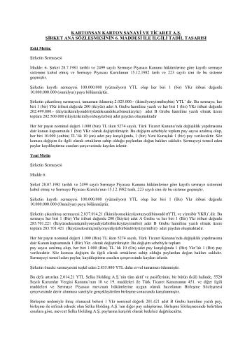 18/09/2007 Tarihli Olağanüstü Genel Kurul Ana Sözleşme Tadil Tasarısı