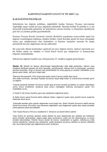 Kartonsan Kâr Dağıtım Politikası