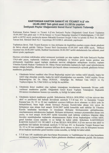 18/09/2007 Tarihli İmtiyazlı Paylar Olağanüstü Genel Kurul Toplantı Tutanağı
