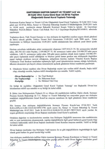 30/09/2011 Tarihli Olağanüstü Genel Kurul Toplantı Tutanağı